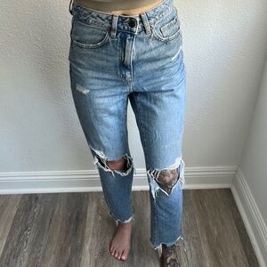 Garage Blue Straight Leg Jeans with Distressed Details